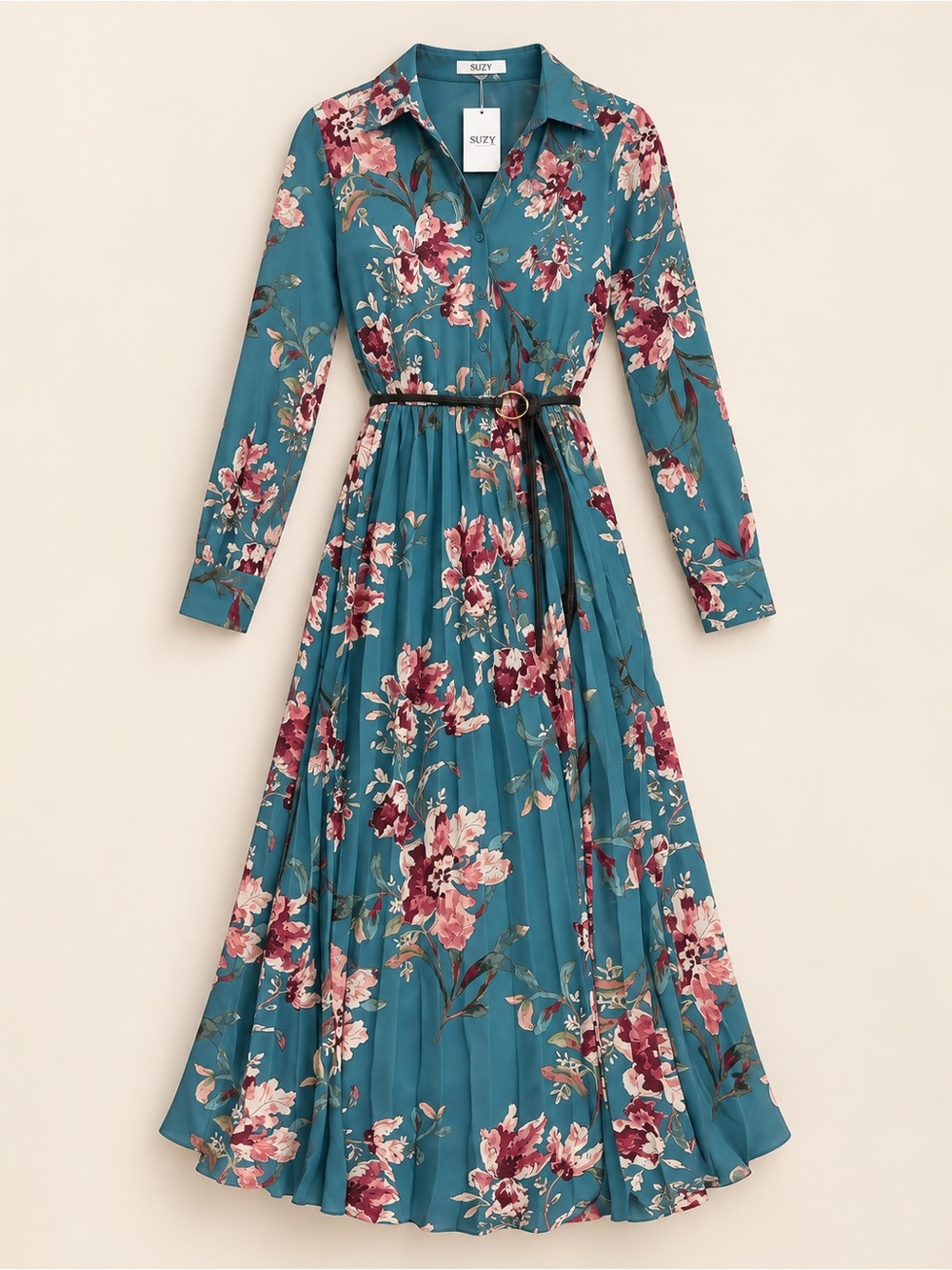 Suzy Shier Teal Floral Long-Sleeve Maxi Dress
